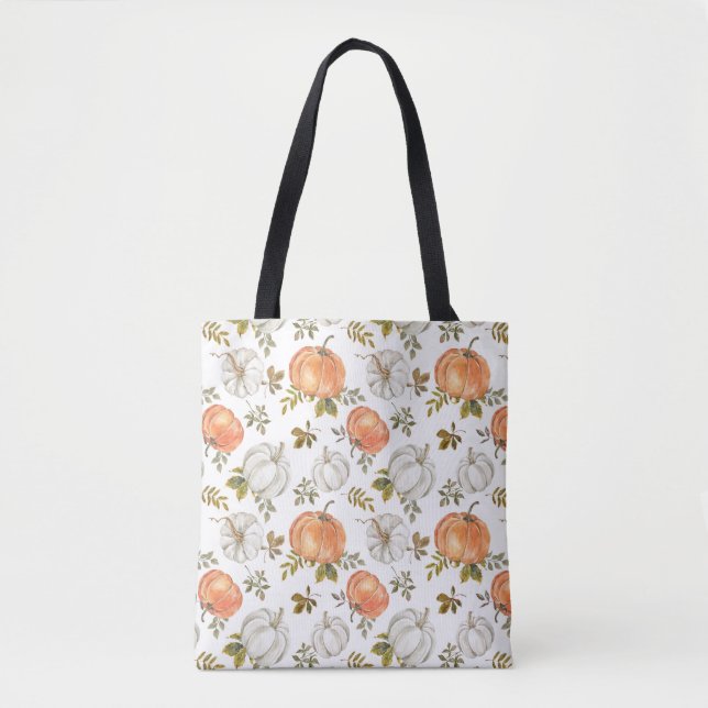 Tote Bag Citrouilles d'aquarelle et Motif d'automne de feui (Devant)