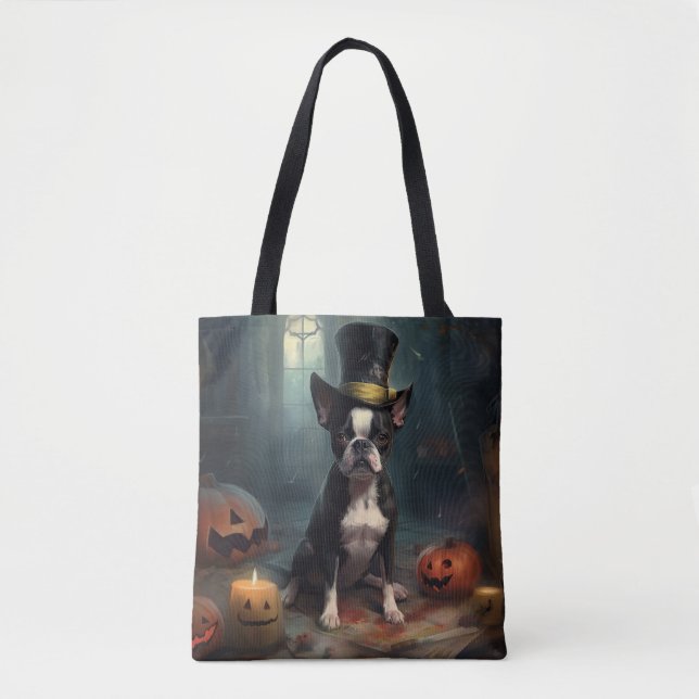 Tote Bag Citrouilles Épouvantables Boston Terrier Halloween (Devant)