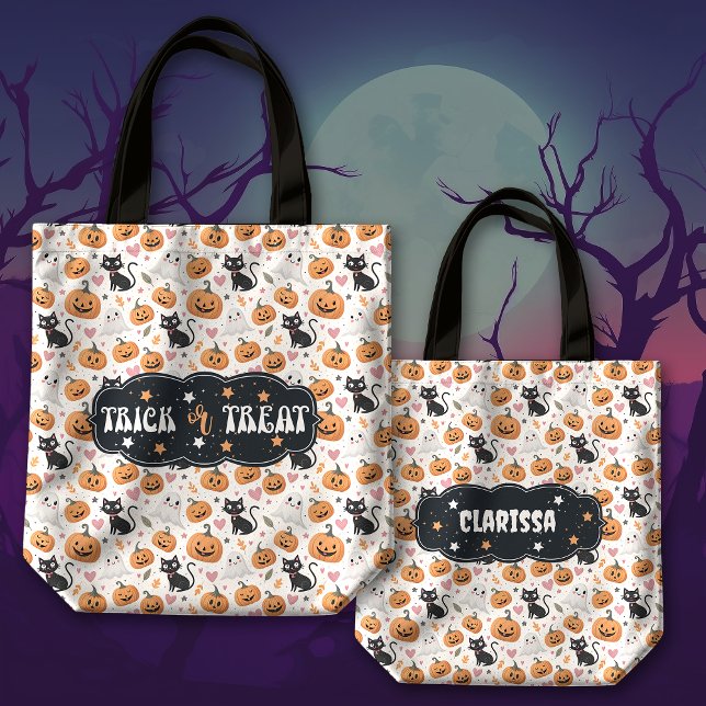 Tote Bag Citrouilles et chats Cute Halloween Trick ou Treat (Créateur téléchargé)