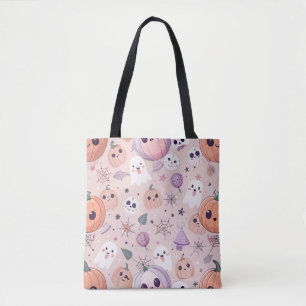Tote Bag Citrouilles et fantômes d'Halloween sur rose sans 