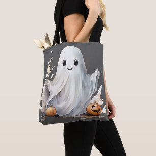 Tote Bag Citrouilles fantômes super mignonnes gris Hallowee