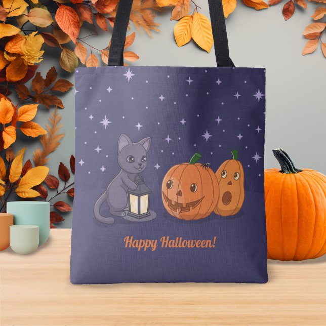 Tote Bag Citrouilles Lanterne Chat Noir Halloween Violet (Créateur téléchargé)
