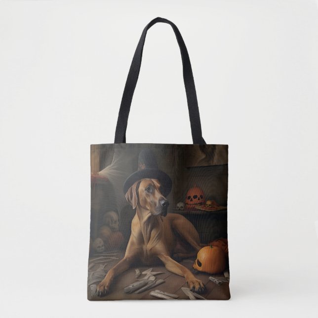 Tote Bag Citrouilles Rhodesian Ridgeback Halloween Effrayan (Devant)