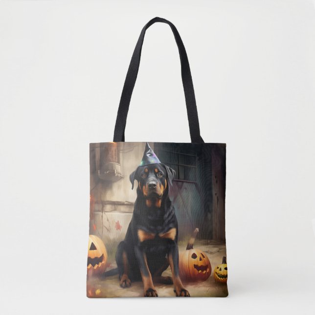 Tote Bag Citrouilles Rottweiler Halloween Épouvantable (Devant)