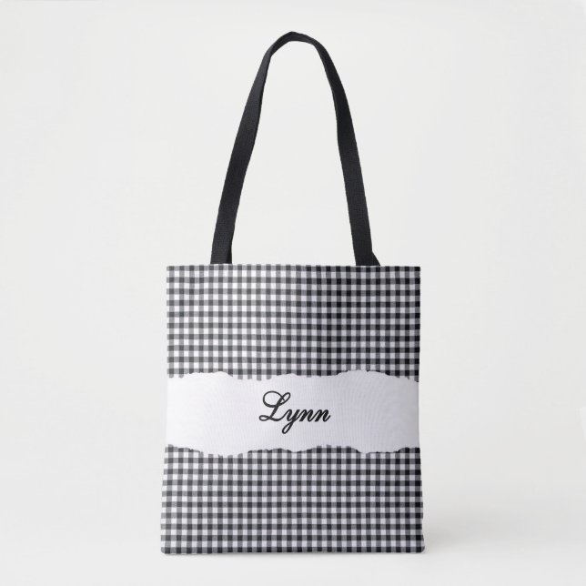 Tote Bag Classic Black & White Gingham | Personalized Name (Devant)