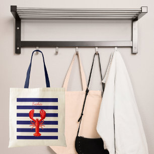 Tote Bag Classic bleu blanc rayures rouge homard nom