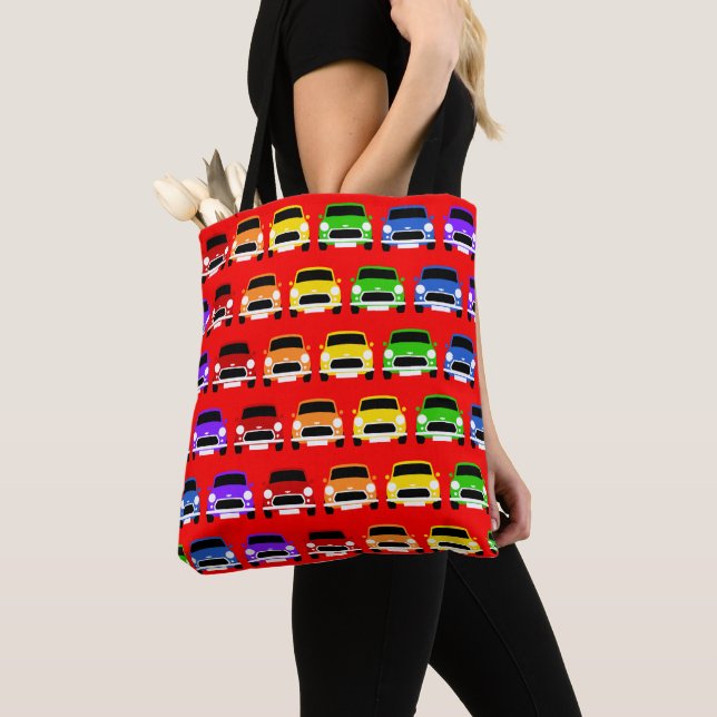 Tote Bag Classic British Mini Car rouge arc-en-ciel (De près)