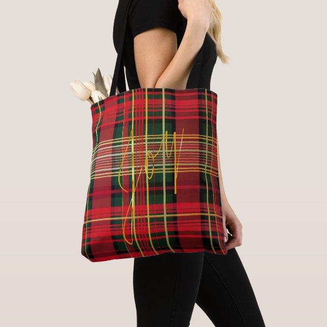 Tote Bag Classic Holiday Rouge et vert Plaid Tartan 'Joy' (De près)