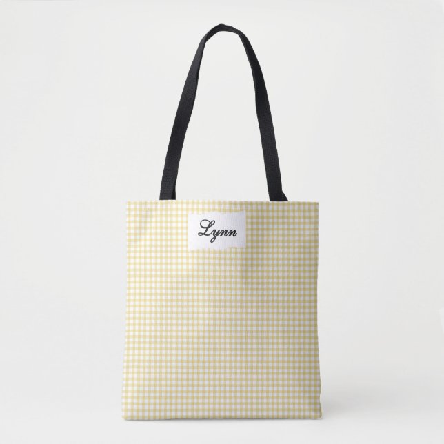 Tote Bag Classic Yellow & White Gingham | Personalized Name (Devant)