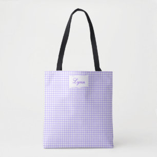 Tote Bag Classique Gingham Violet & Blanc   Nom Personnalis