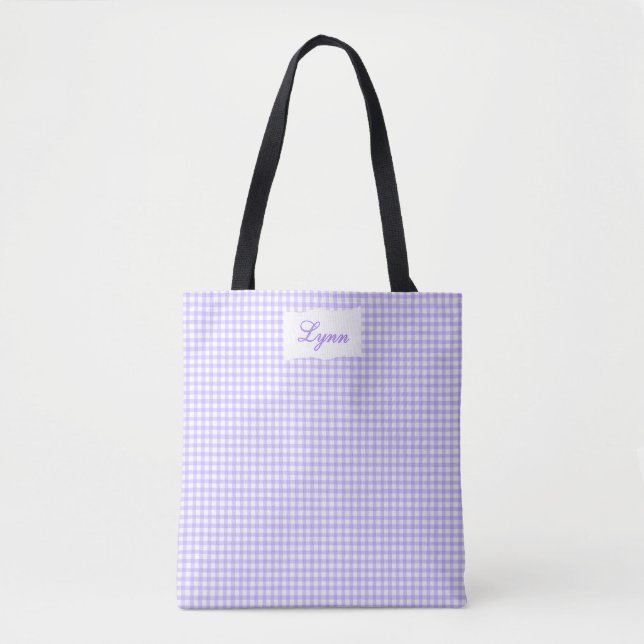 Tote Bag Classique Gingham Violet & Blanc | Nom Personnalis (Devant)
