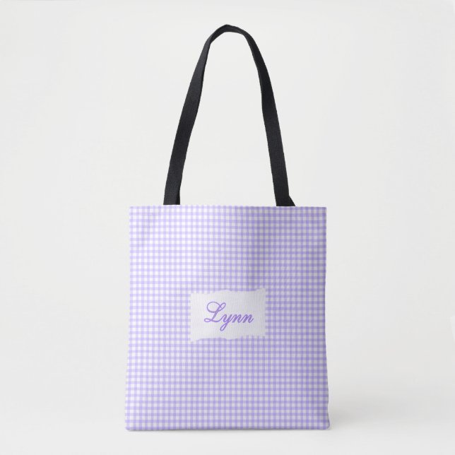 Tote Bag Classique Gingham Violet & Blanc | Nom Personnalis (Devant)