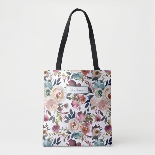Tote Bag Classique Nommé Crème Bleu Rose Bleu Vert Floral (Devant)