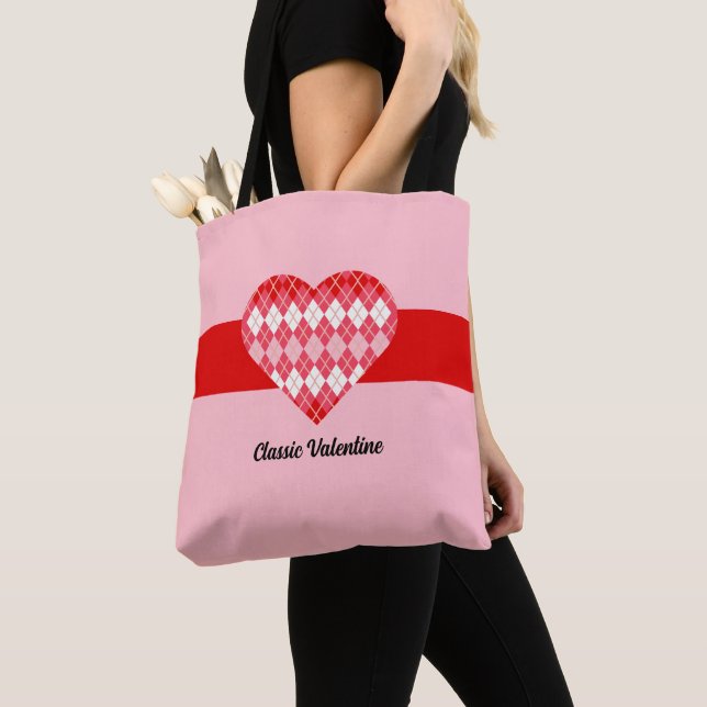 Tote Bag Classique Valentine Rouge et Jacquard rose Coeur (De près)