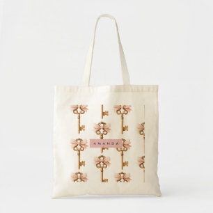 Tote Bag Clé dorée et nœud rose à motif coquette personnali
