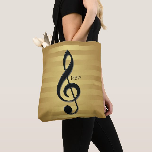 Tote Bag Clé en argent noir monogramme sur bandes d'or (De près)
