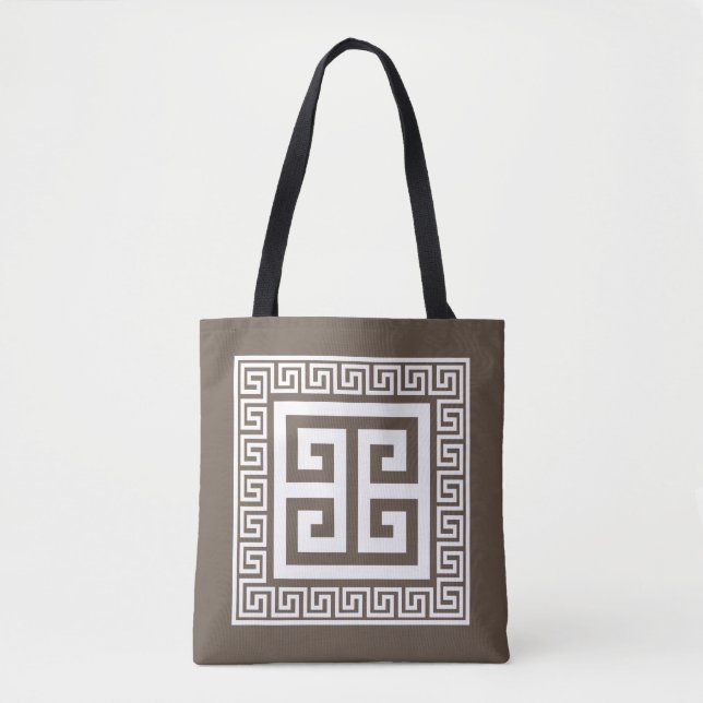 Tote Bag Clé grecque Motif blanc et design Brown (Devant)