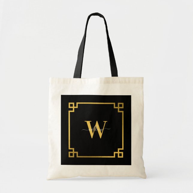 Tote Bag Clé grecque noire et Gikd Monogramme (Devant)