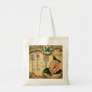 Tote Bag clé steampunk moderne fleur rose vintage camellia