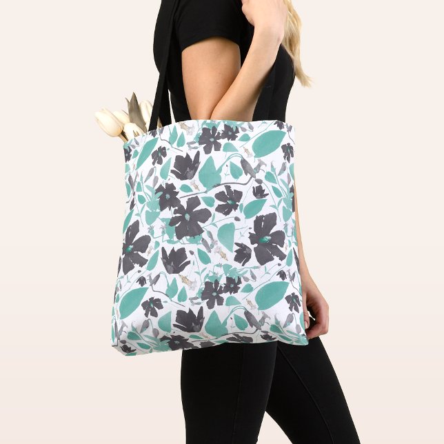 Tote Bag Clematis Fleurs Turquoises Botaniques Florales (Clematis Vine Floral Gray Teal Watercolor Tote Bag from Studio Posies.)