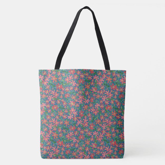 Tote Bag Clematis rose, rouge, orange floral sur bleu profo (Devant)