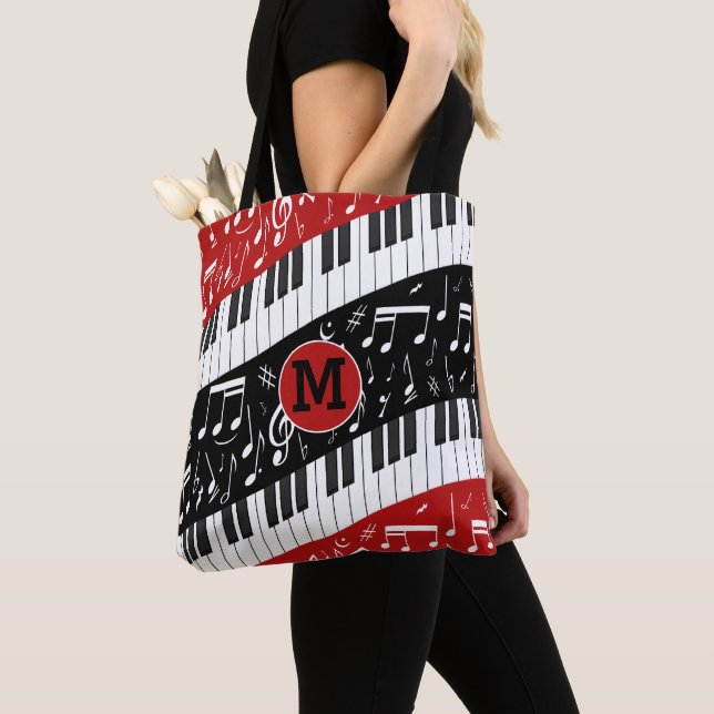 Tote Bag Clés de piano Monogrm Curve et notes musicales (De près)