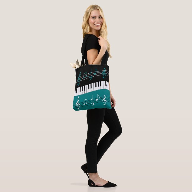 Tote Bag Clés et notes de piano Turquoise noir blanc (Sur le modèle)