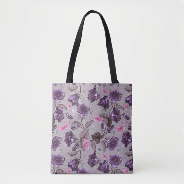Tote Bag cloches de main violettes et motif de papillons (Devant)