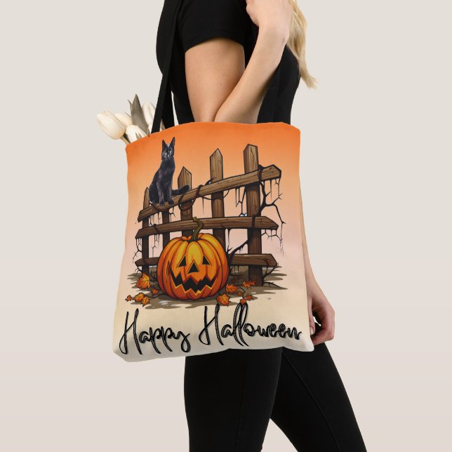Tote Bag Clôture de chat noir Citrouille Orange Halloween (De près)