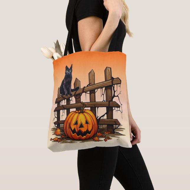 Tote Bag Clôture de chat noir Citrouille Orange Halloween (De près)