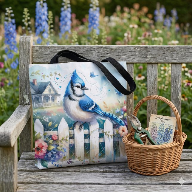 Tote Bag Clôture de jardin de la maisonnette du Geai bleu (Blue Jay Cottage Garden Fence Scene Tote Bag On Weathered Wooden Bench)
