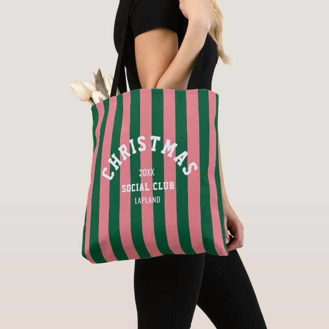 Tote Bag Club social de Noël Vert rose bonbons rayures (De près)