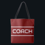 Tote Bag COACH Sporty Fun White Text Stripes On Vintage Red<br><div class="desc">This sporty design features white modern COACH text and sleek edge stripes against a deep red background.  The text and colors in this design can be personalized.</div>