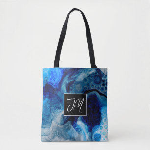 Tote Bag Cobalt Bleu et Marbre blanc Fluide Art Monogramme