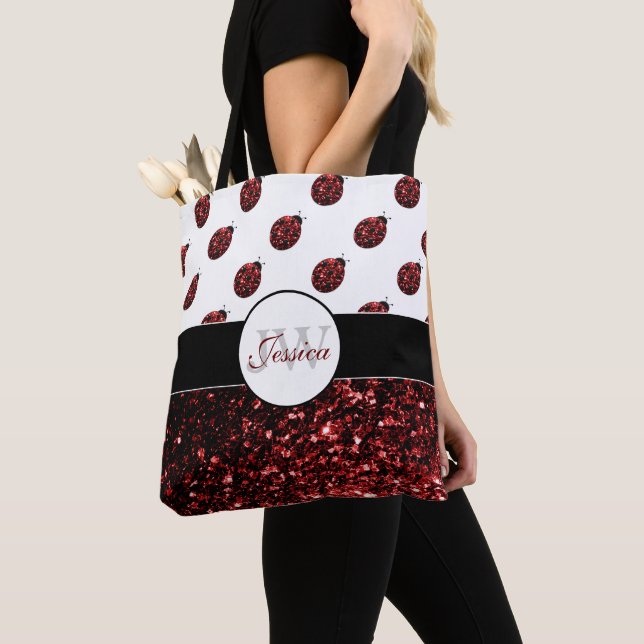 Tote Bag Coccinelle rouge foncé faux paillettes scintillant (De près)