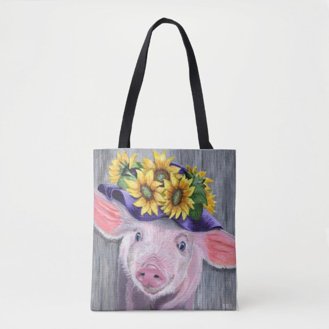 Tote Bag Cochon au chapeau fleuri (Devant)