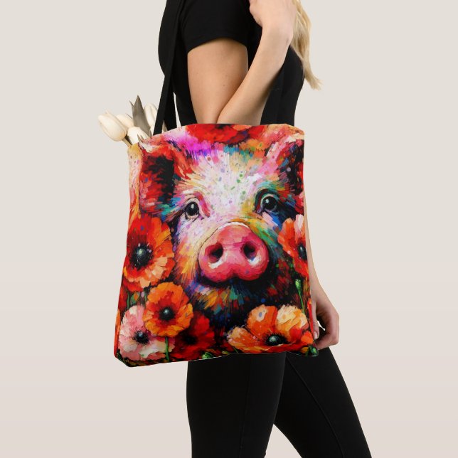 Tote Bag Cochon impressionniste dans les fleurs de coquelic (De près)