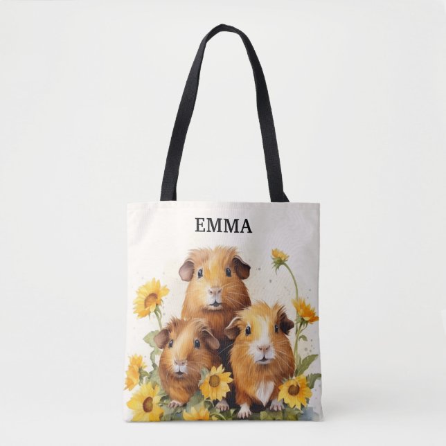 Tote Bag Cochons d'Inde Adorables avec Fleurs Nom Personnal (Devant)