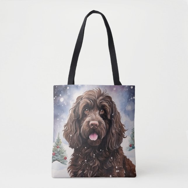 Tote Bag Cockapoo Chocolate Dog dans une scène hivernale (Devant)