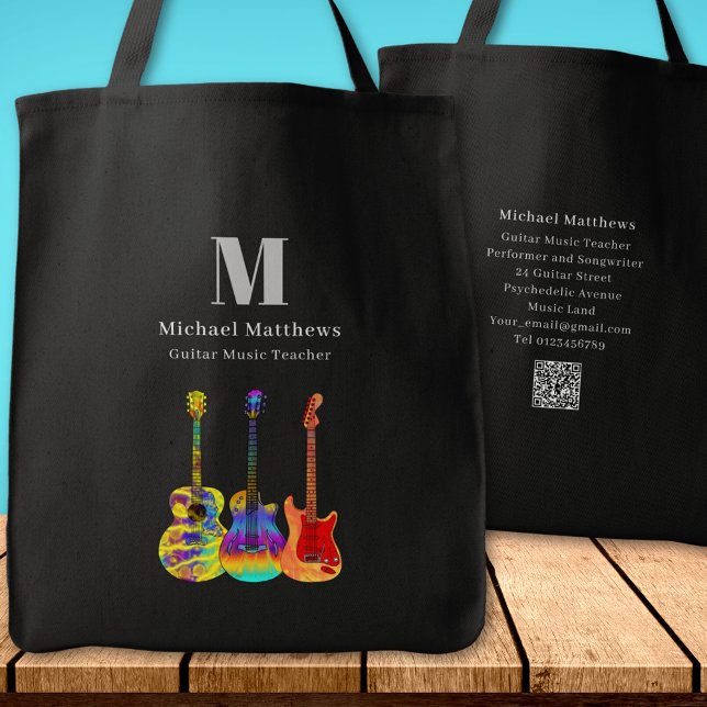 Tote Bag Code QR personnalisé du Tuteur de musique de guita (Guitar teacher music business website QR code custom monogram tote bag)