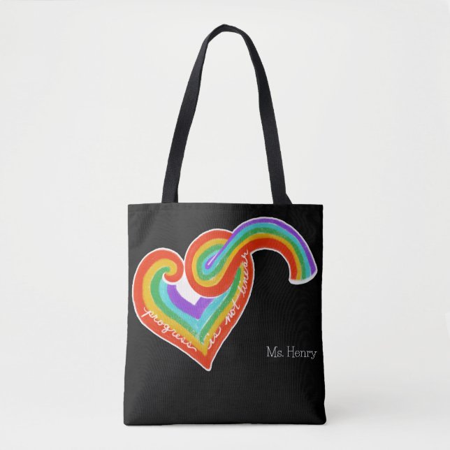 Tote Bag Cœur Arc-en-Ciel Le Progrès n'est pas Linéaire Nom (Devant)