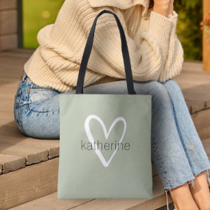 Tote Bag Coeur Chic Personnalisé Sage Green