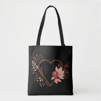 Tote Bag Coeur d'amour avec fleur et feuilles