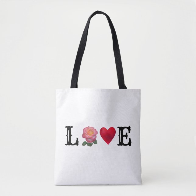 Tote Bag Cœur d'amour et fleur de rose (Devant)