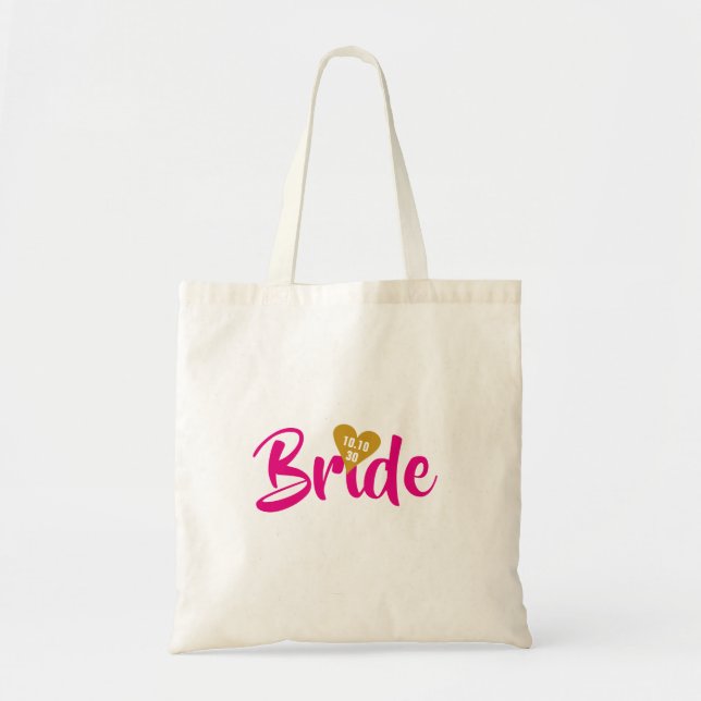 Tote Bag Coeur de date d'or de jeune mariée personnalisé (Devant)