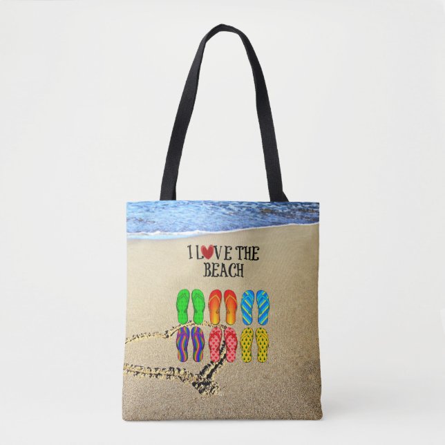 Tote Bag Cœur dessiné dans le sable, J'aime la plage (Devant)