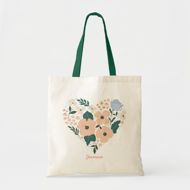 Tote Bag Coeur et amour floraux rose (Devant)