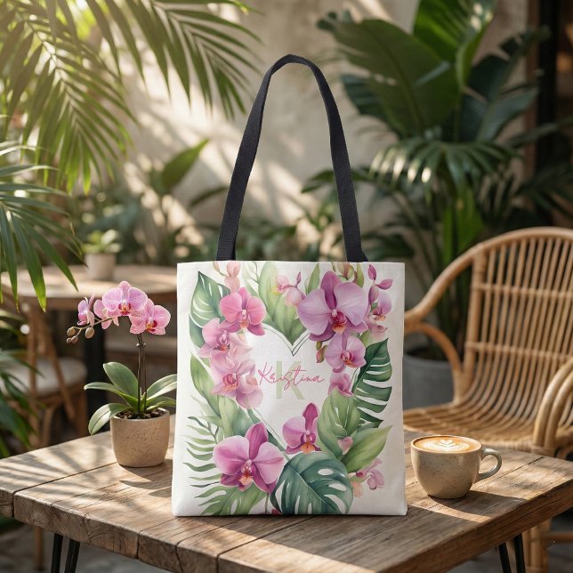 Tote Bag Cœur floral aquarelle d'orchidée tropicale exotiqu (Créateur téléchargé)