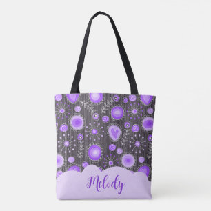 Tote Bag Coeur gris violet blanc et nom floral