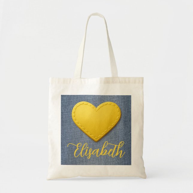 Tote Bag Coeur jaune pointu et votre nom sur Denim (Devant)